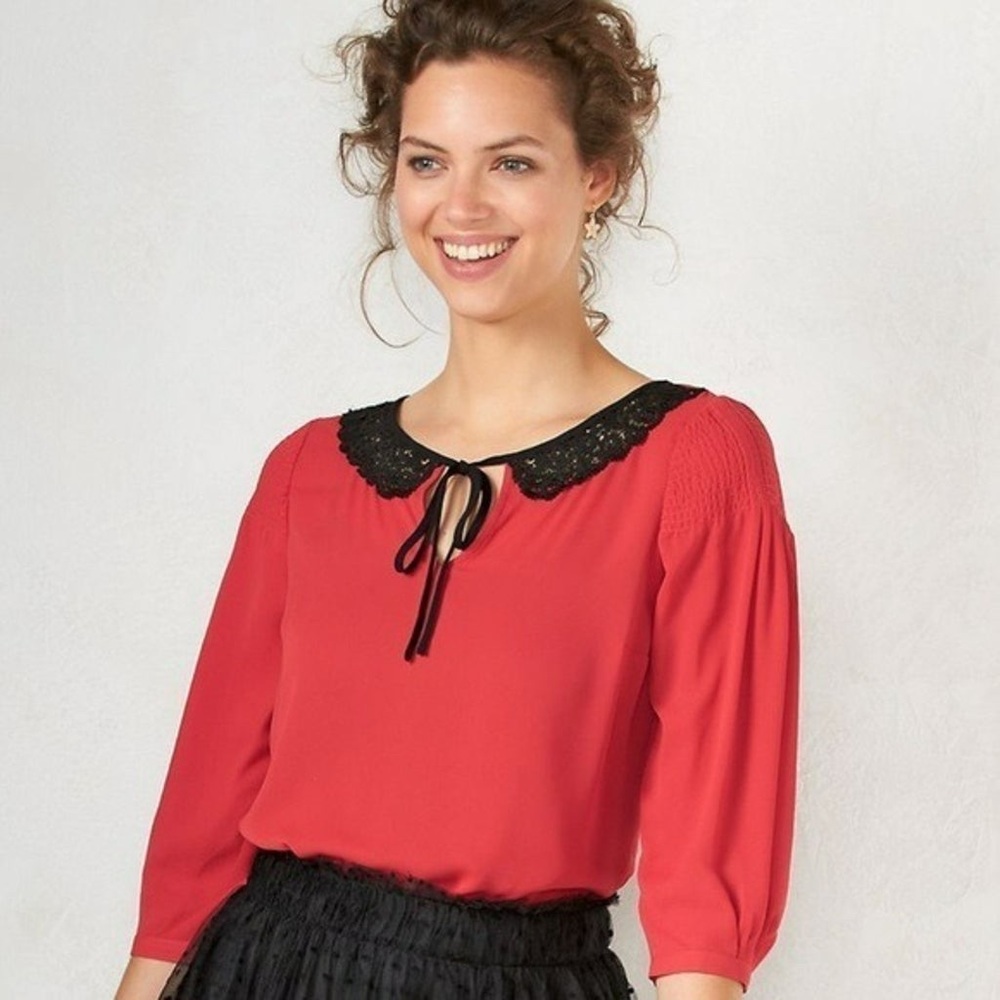 Lauren Conrad disney collection red blouse with black lace neckline size XL